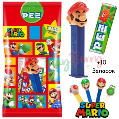 Іграшка + 10 запасок цукерок PEZ® Super Mario Червоний, 85г.