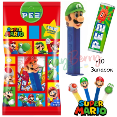 Игрушка + 10 запасок конфет PEZ® Super Mario Зеленый, 85г.