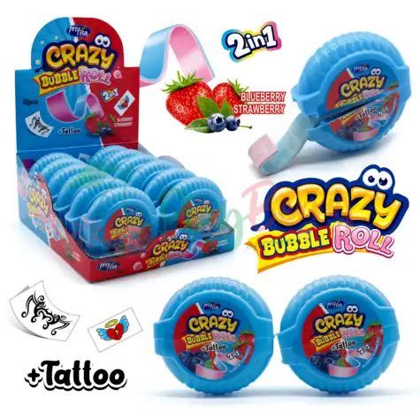 Упаковка жувальної гумки 2IN1 CRAQZY BUBBLE ROLL Чорниця/Полуниця XXL, 12шт.