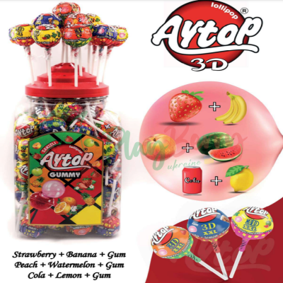 Упаковка льодяників на паличці Aytop 3D XXL Lollipop з жувальною гумкою, 80шт.