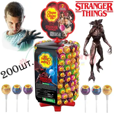 Упаковка льодяників на паличці Chupa Chups Stranger things Асорті на стійці, 200шт.