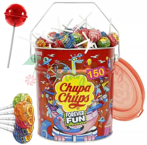 Упаковка льодяників на паличці Chupa Chups Асорті у відрі, 150шт.