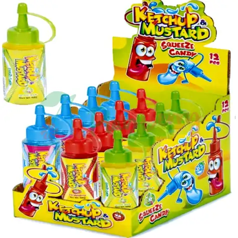 Упаковка фруктового геля Liquid candy Ketchup&amp;Mustard в тюбиках от кетчупа и горчицы, 12шт.
