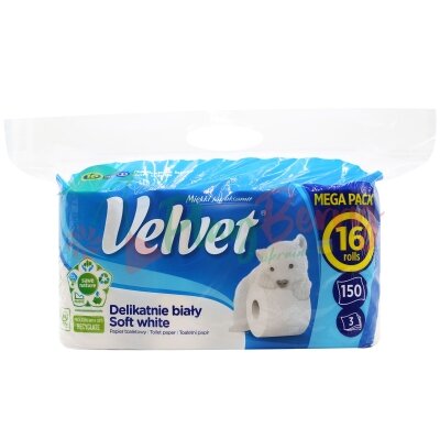 Туалетная бумага Velvet Soft white 3 слоя 150 отрывов, 16 рулонов
