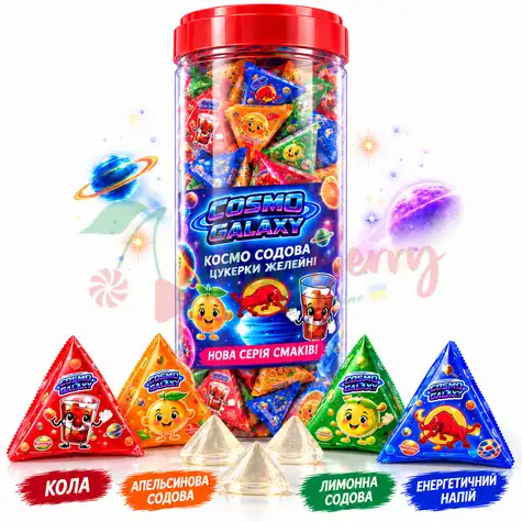Упаковка желейних цукерок Cosmo Galaxy SODA в пірамідках зі смаком напоїв, 100шт.