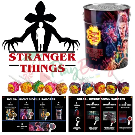 Упаковка льодяників на паличці Chupa Chups Stranger things Асорті у відрі, 150шт.