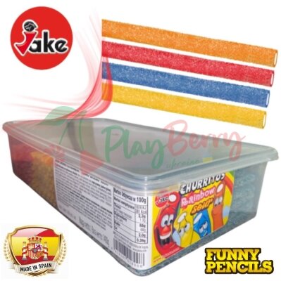 Упаковка мармеладных конфет JAKE Churritos Rainbow Полено радуга в сахаре, 200шт.