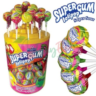 Упаковка леденецов на палочке &quot;Super Gum Lollipop&quot; с жевательной резинкой, 100шт.