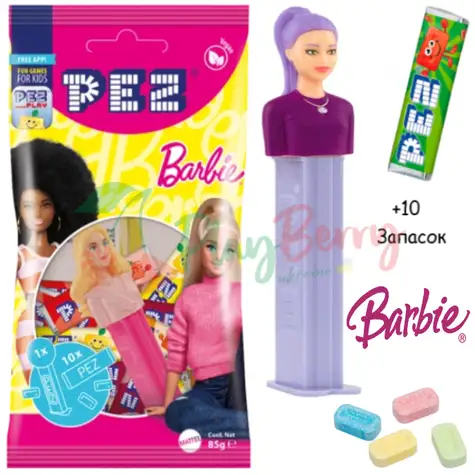 Іграшка + 10 запасок цукерок PEZ® Barbie Purple Hair, 85г.